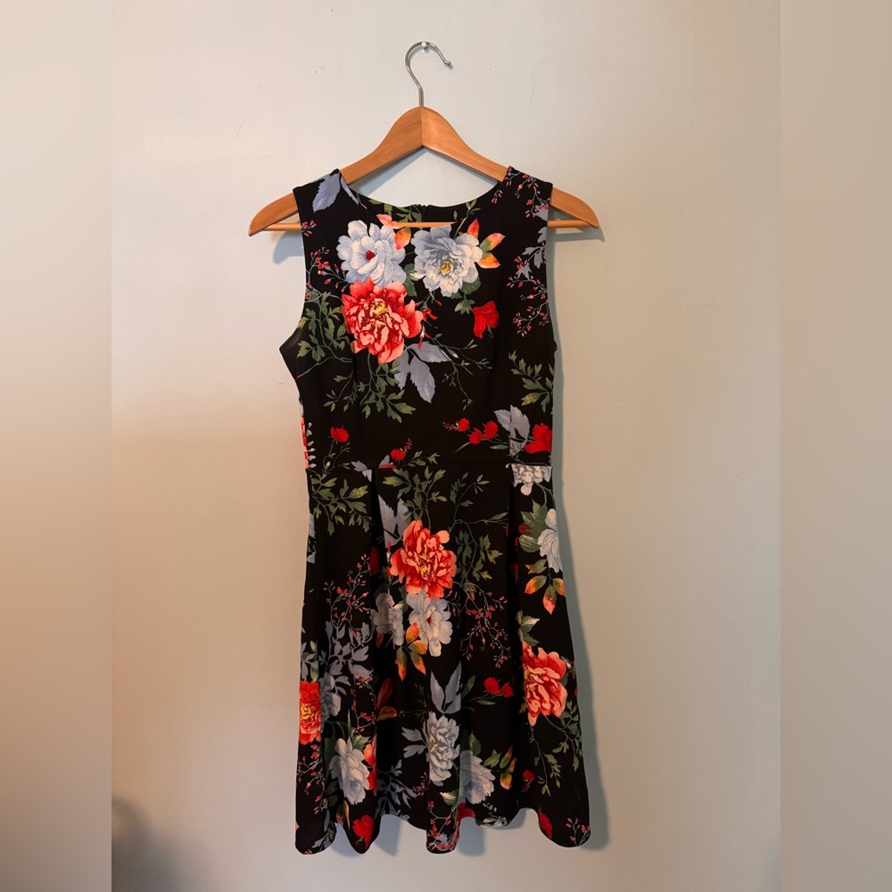 Blu Royal Italian Black Midi Dress with Floral Design